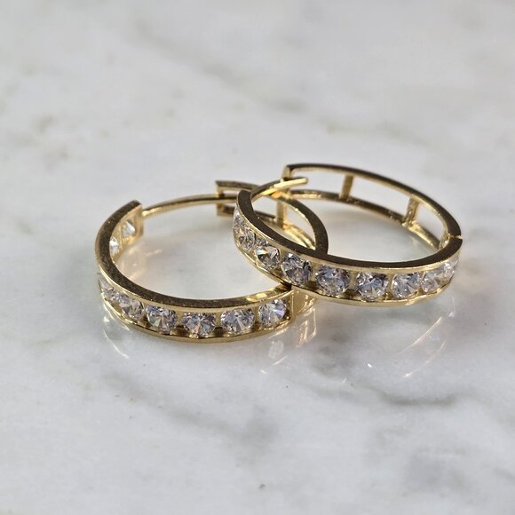 Womens Vintage Estate 14K Yellow Gold CZ Hoop Earrings 2.7g E1835